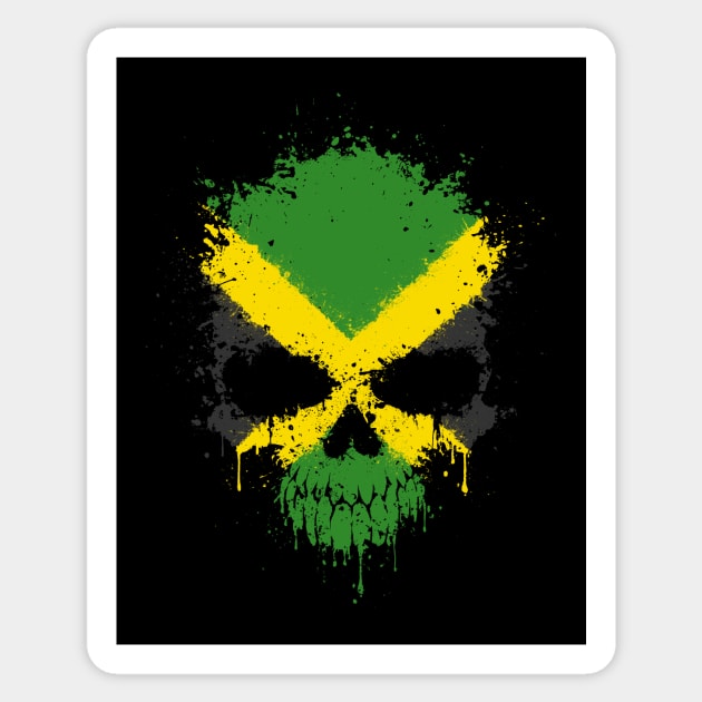 Chaotic Jamaican Flag Splatter Skull Sticker by jeffbartels